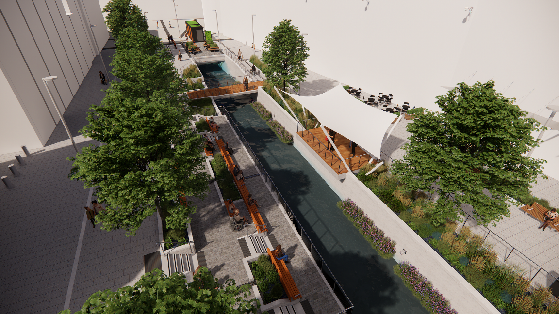 Obnovljeni kanal u središtu nove održive gradske četvrti brinut će se za odvodnju oborinskih voda i urbano navodnjavanje