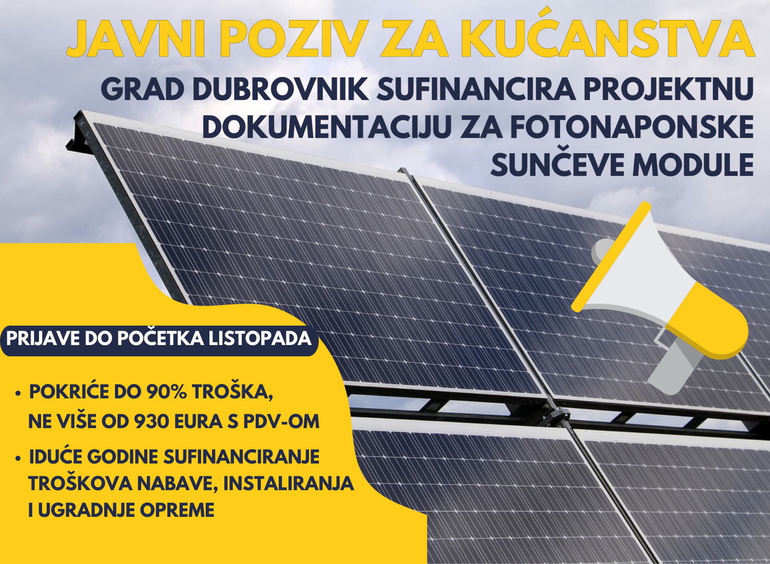 Grad Dubrovnik sufinancira troškova izrade projektne dokumentacije za instalaciju i ugradnju fotonaponskih sunčevih modula na obiteljskim kućama