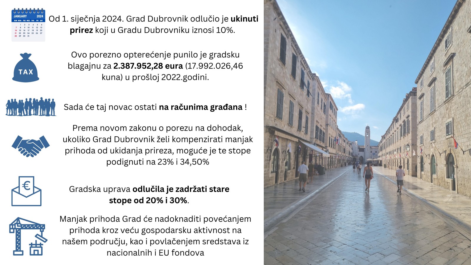 Grad Dubrovnik ukida prirez i ne povećava stope poreza na dohodak