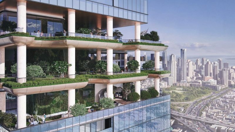 Ogromni neboder s višekatnim vrtovima visoko iznad gradskih ulica