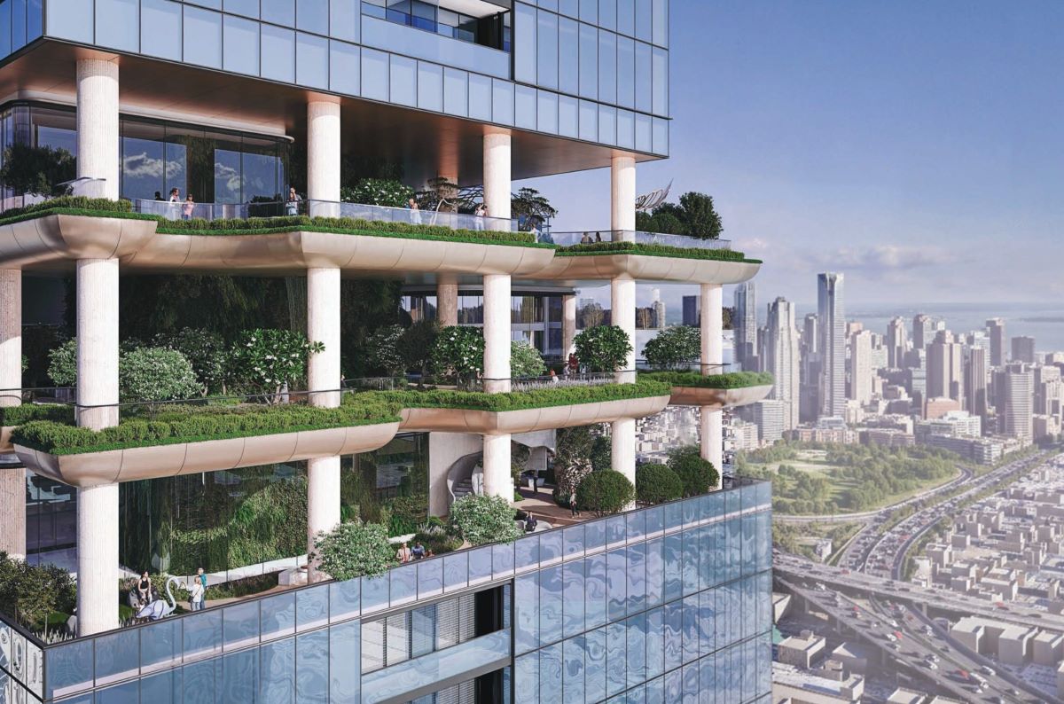 Ogromni neboder s višekatnim vrtovima visoko iznad gradskih ulica